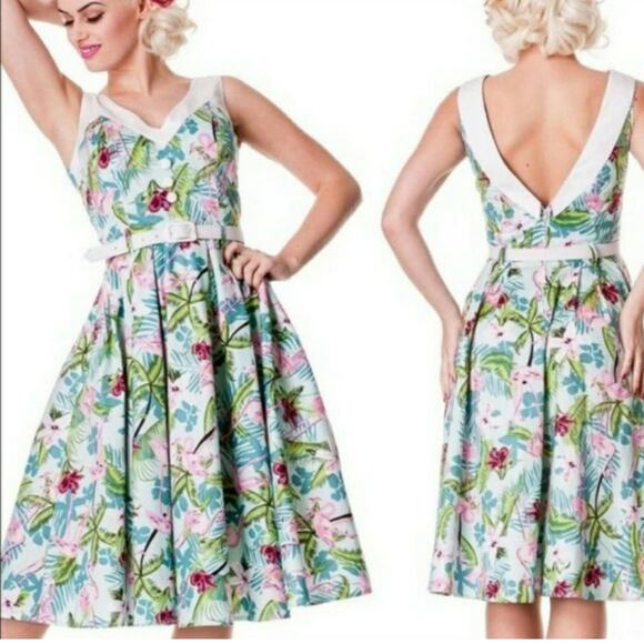 Hell Bunny Vixen 60s Flamingo Print Mod Pinup Fit & Flare Dress M - Picture 1 of 10